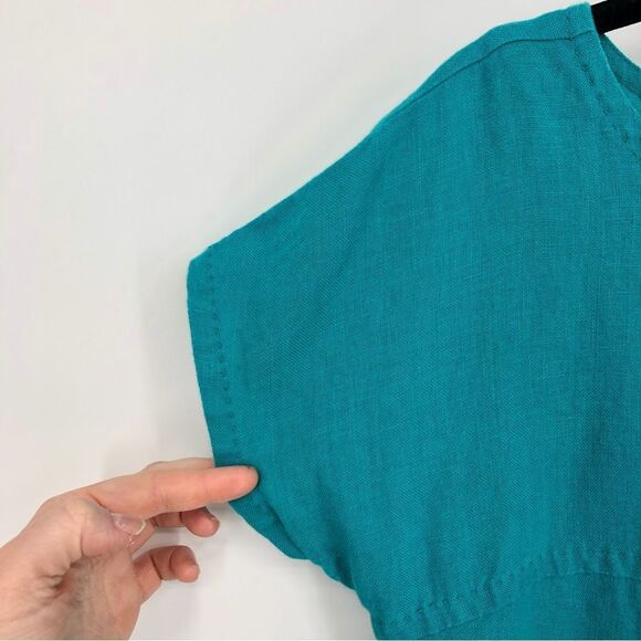 Banana Republic Dress Womens 12 Turquoise Blue 100% Linen Cap Sleeve Tier Stitch - Picture 2 of 14